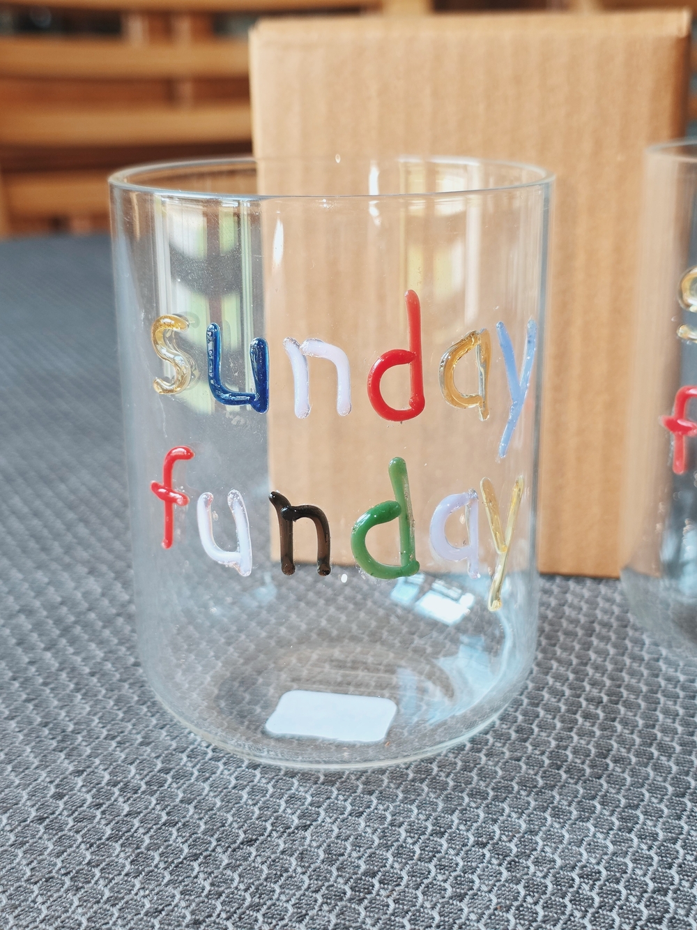 Anthropologie Clear Glass Tumbler with Multicolor 'Sunday Funday' Lettering